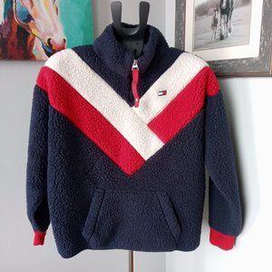 Tommy Hilfiger deep pile  sherpa color block chevron 1/4 zip fleece  Size Large